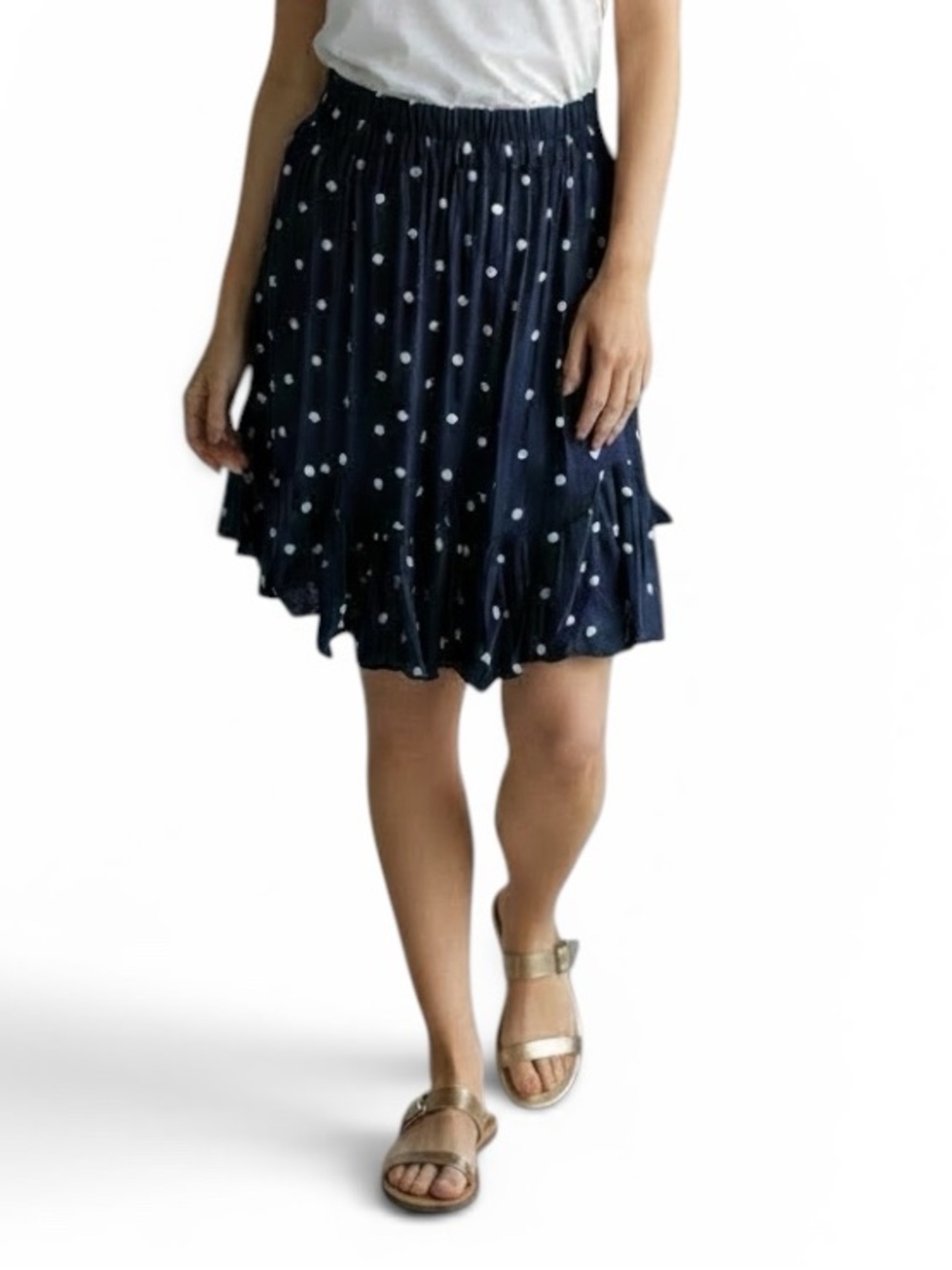 LOFT Dotted Godet Navy White Polka Dot Skirt, size small